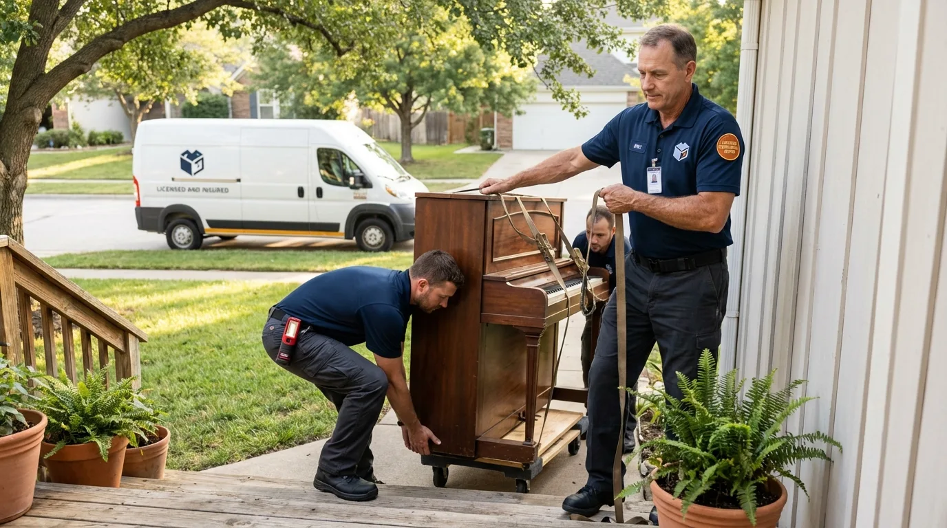 Licensed piano movers securing grand piano in Greybull, WY