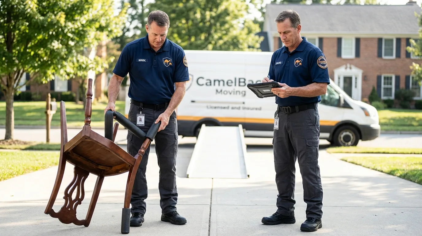 Movers inspecting furniture for damage prevention before loading in Greybull, WY
