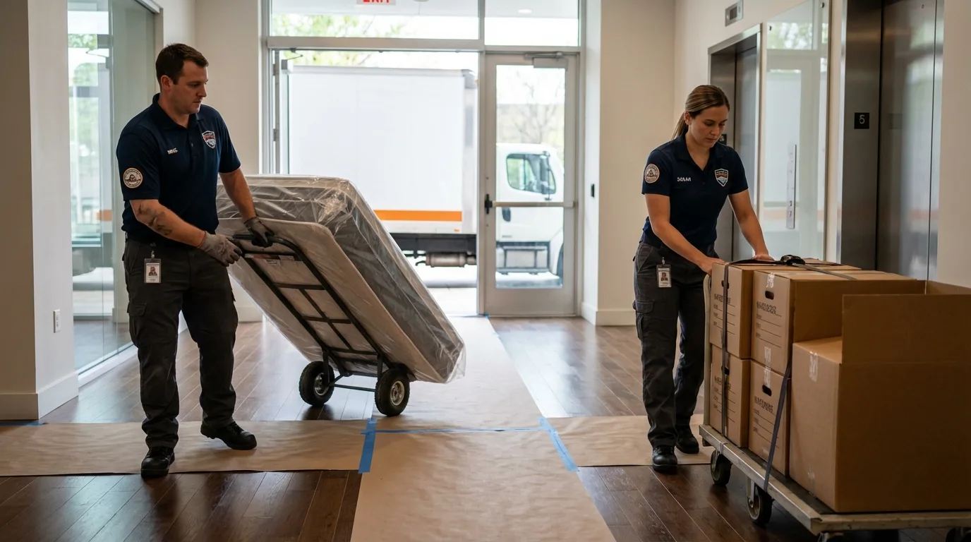 Professional apartment movers loading elevator in Greybull, WY