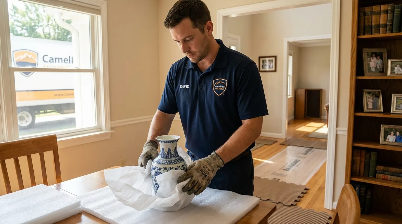 Professional crew carefully wrapping antique vase for senior downsizing move in Greybull, WY